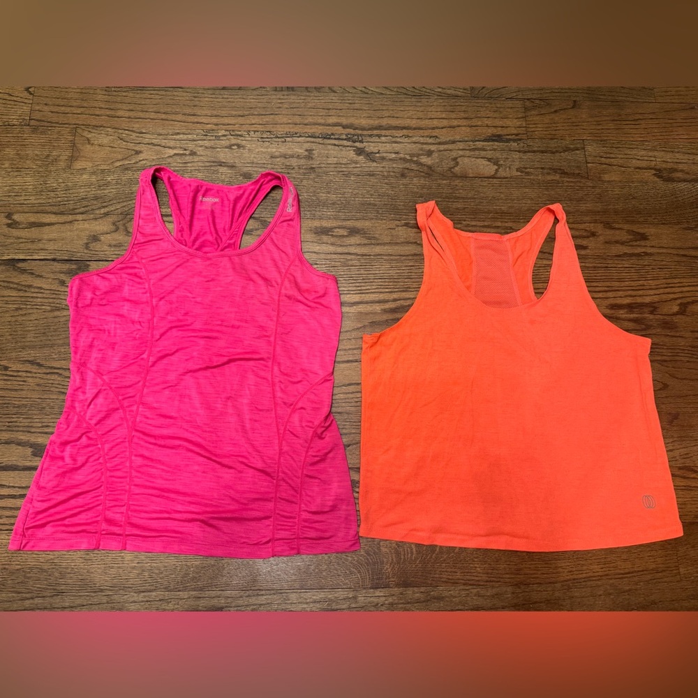 Reebok Pink Racerback Tank Medium + Orange Mesh Back Medium Tank Workout Bundle